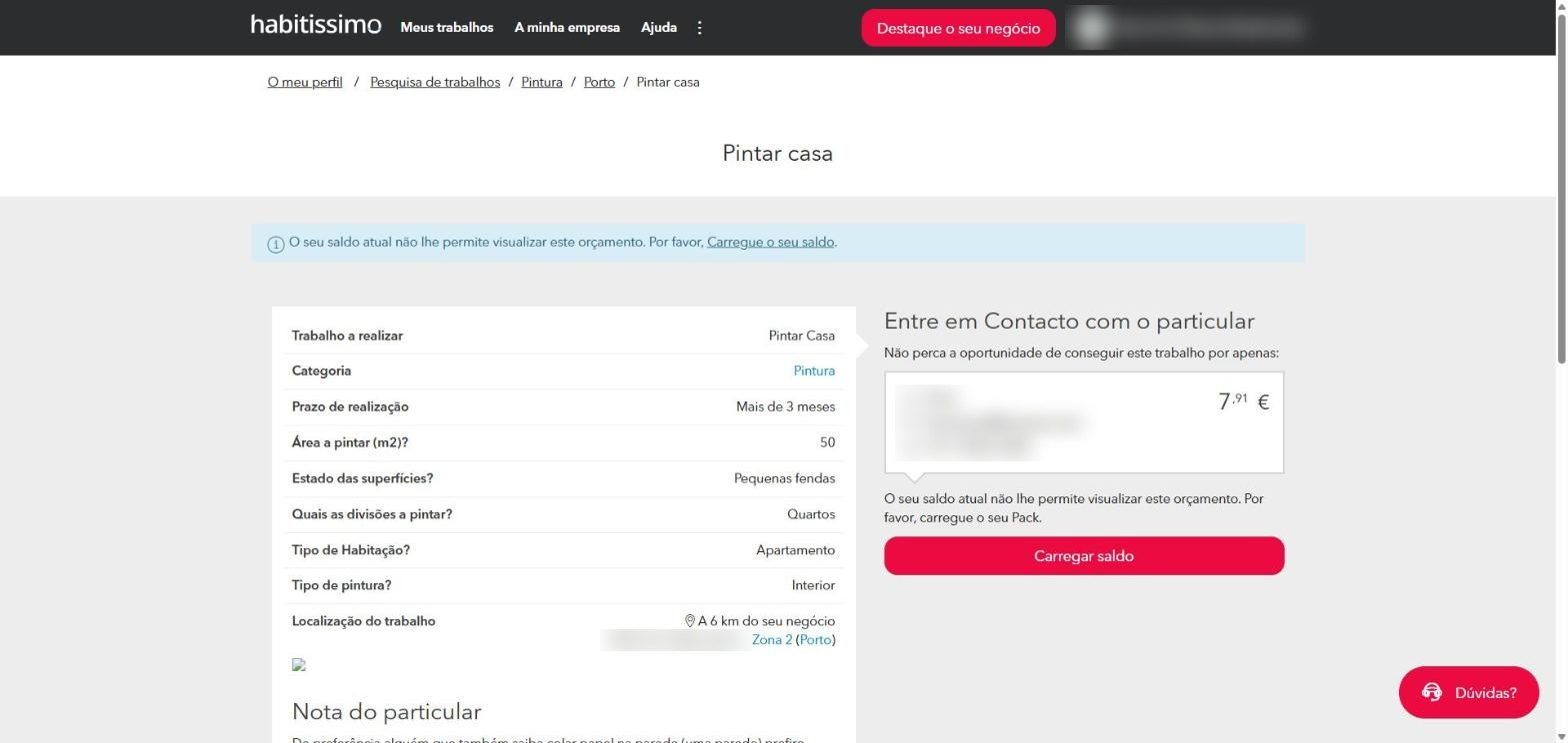 Detalhe do trabalho com o preço e o botão Carregar saldo